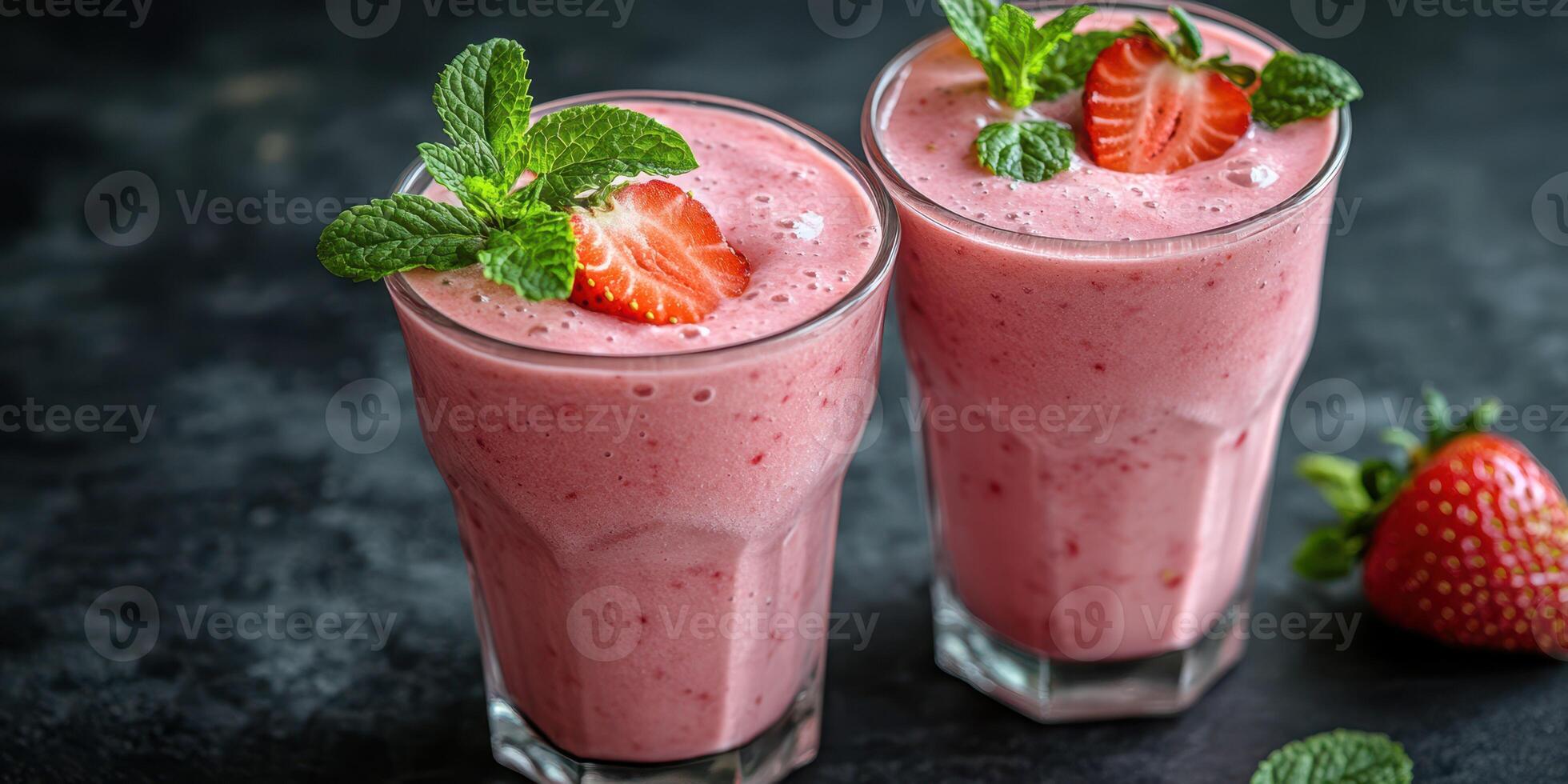 Refreshing strawberry smoothie served in tall glasses garnished with mint leaves on a dark background photo