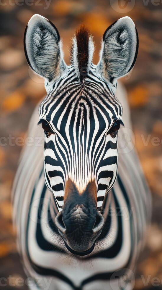 Striking close-up view of a zebra showcasing its pristine black and white stripes in a natural setting photo