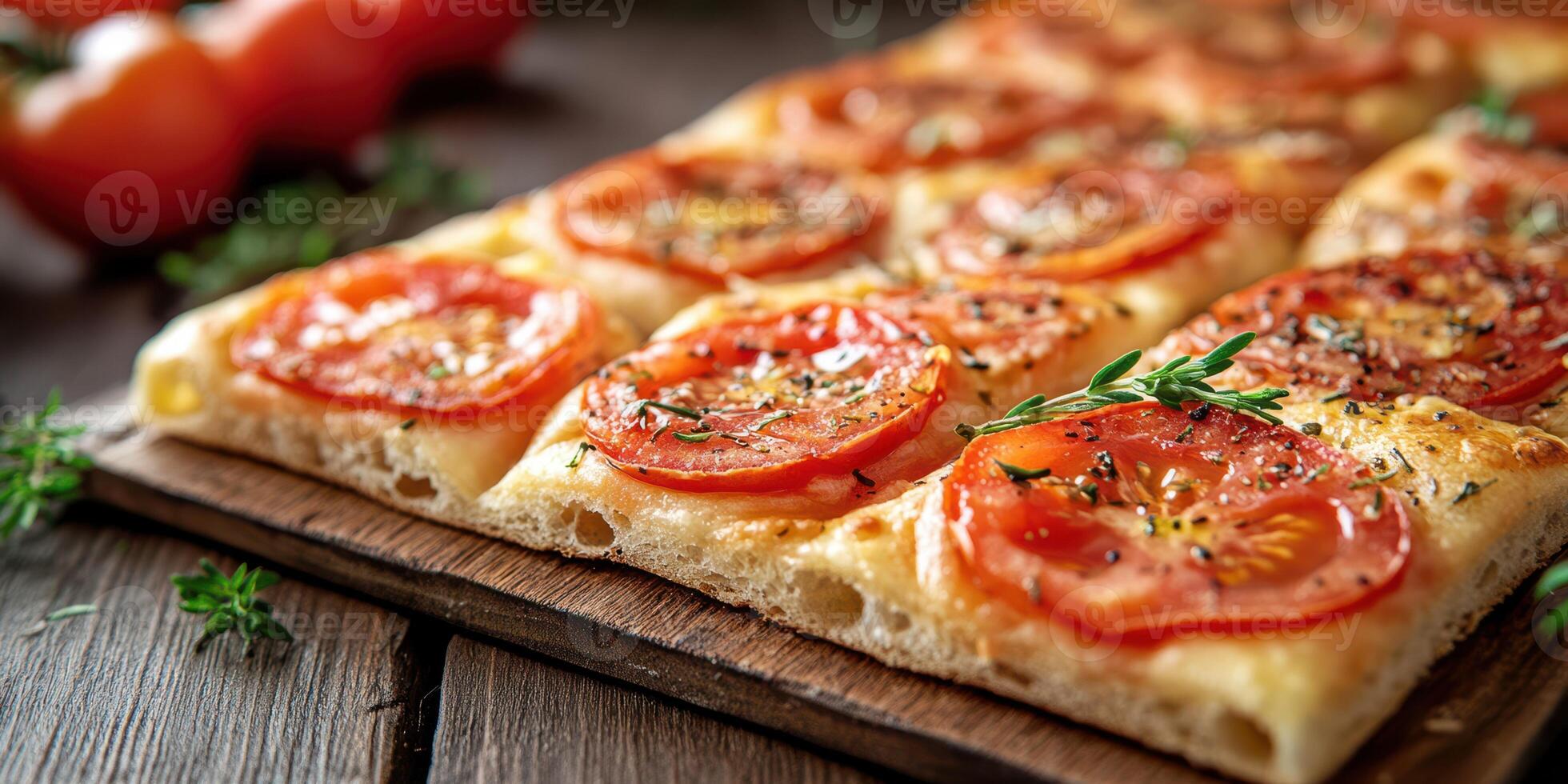Freshly baked focaccia topped with sliced tomatoes and spices on a rustic wooden table photo