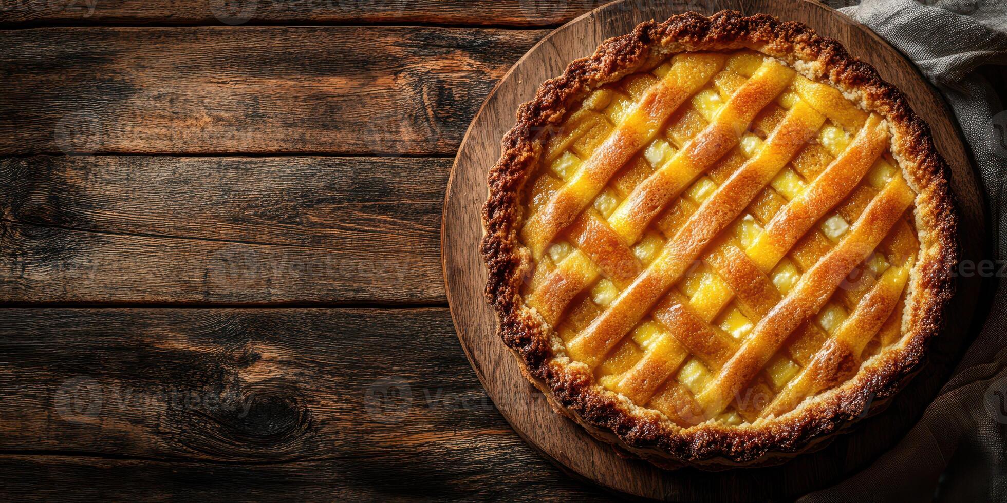 Freshly baked apple pie sitting on a wooden table with a rustic background and warm lighting photo