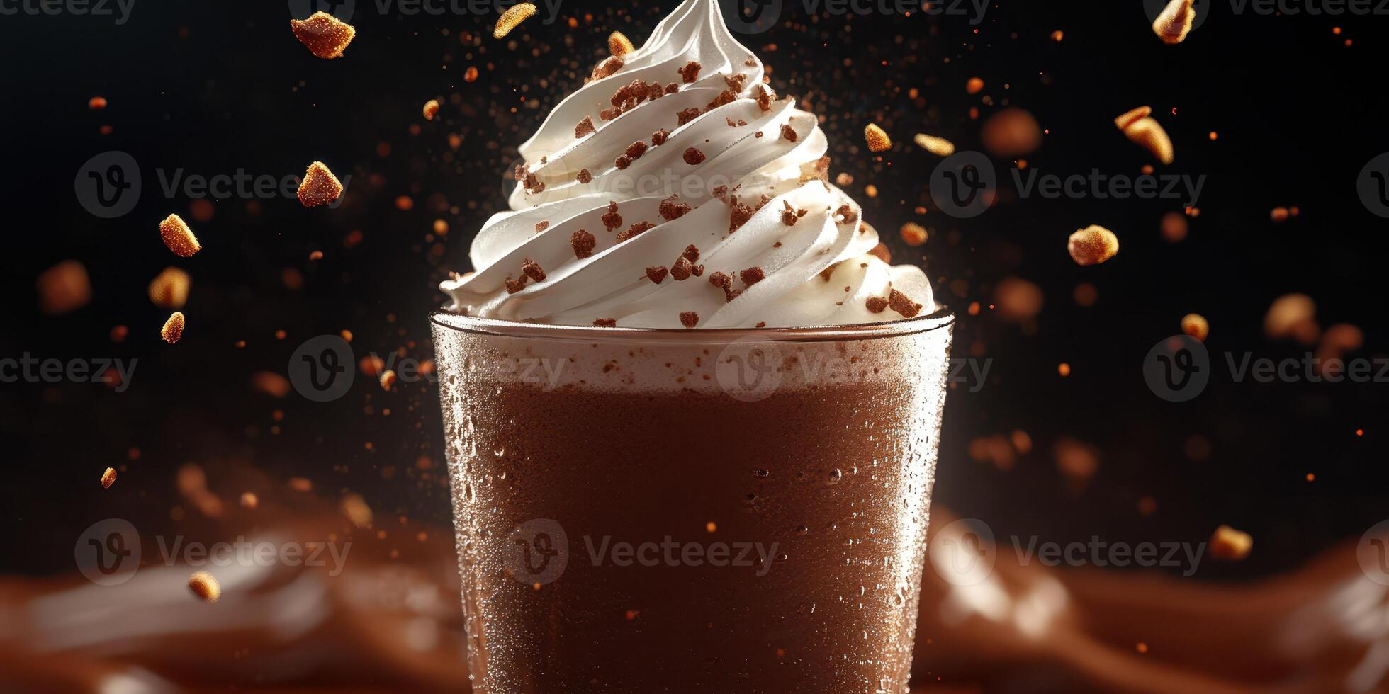 Delicious frozen dessert topped with whipped cream and chocolate sprinkles in a clear glass photo