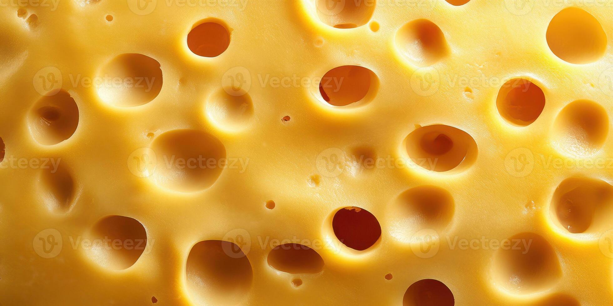 Close-up view of cheese highlighting its characteristic holes and texture in a kitchen setting photo