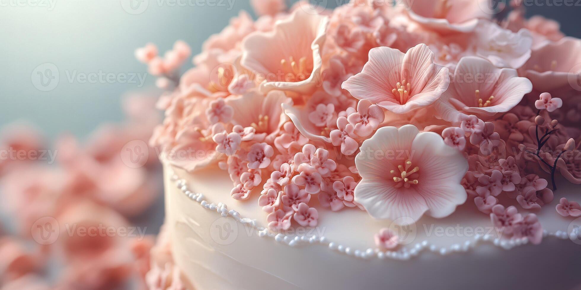 Exquisite cake adorned with delicate pink flowers for a special celebration photo