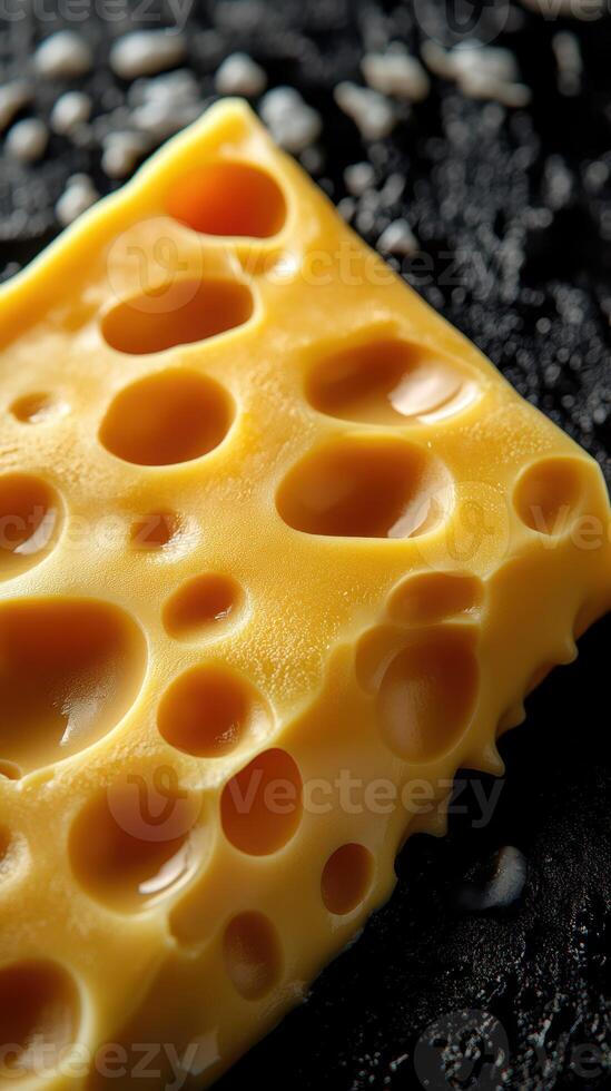 High-quality close-up of Swiss cheese on dark textured surface with unique holes and creamy texture photo