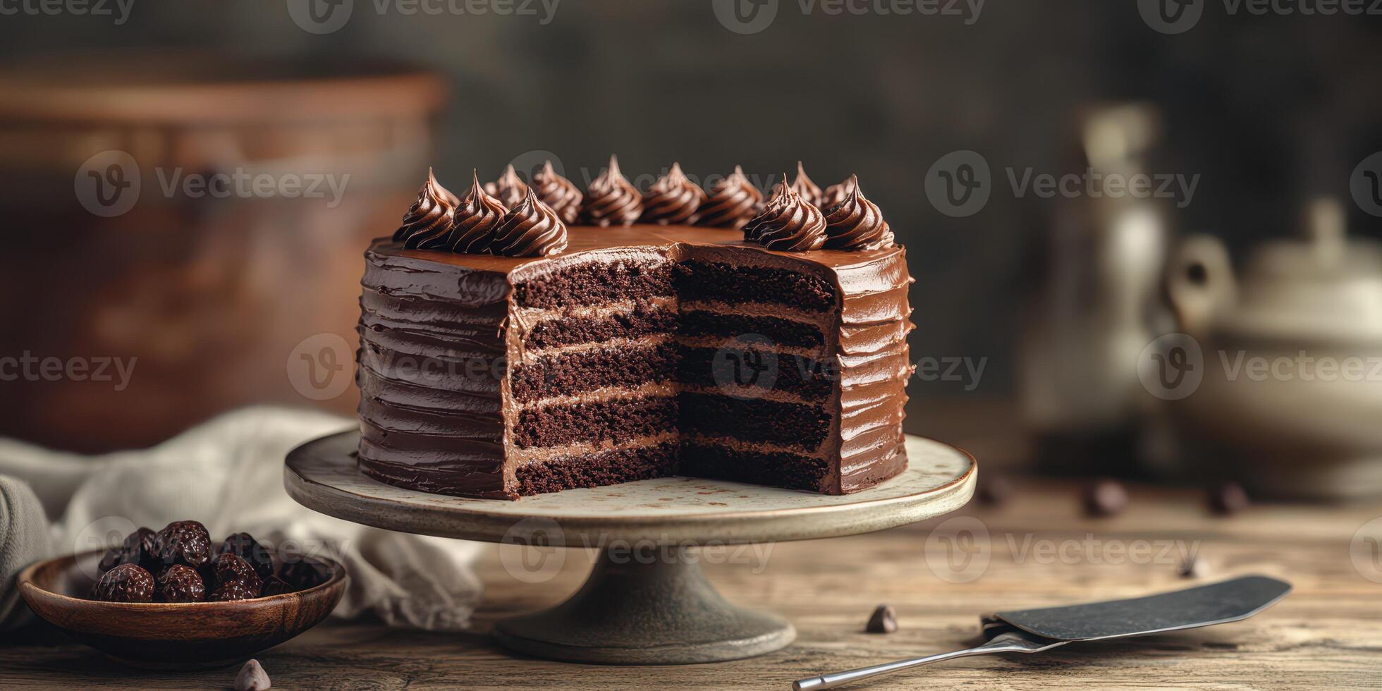 Chocolate cake on a rustic wooden table with layers and dark frosting served with a knife in a cozy kitchen setting photo