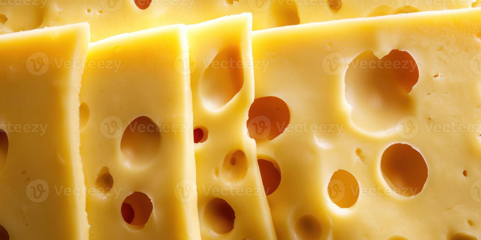 Slices of cheese with distinctive holes displayed on a clean surface in a well-lit kitchen photo