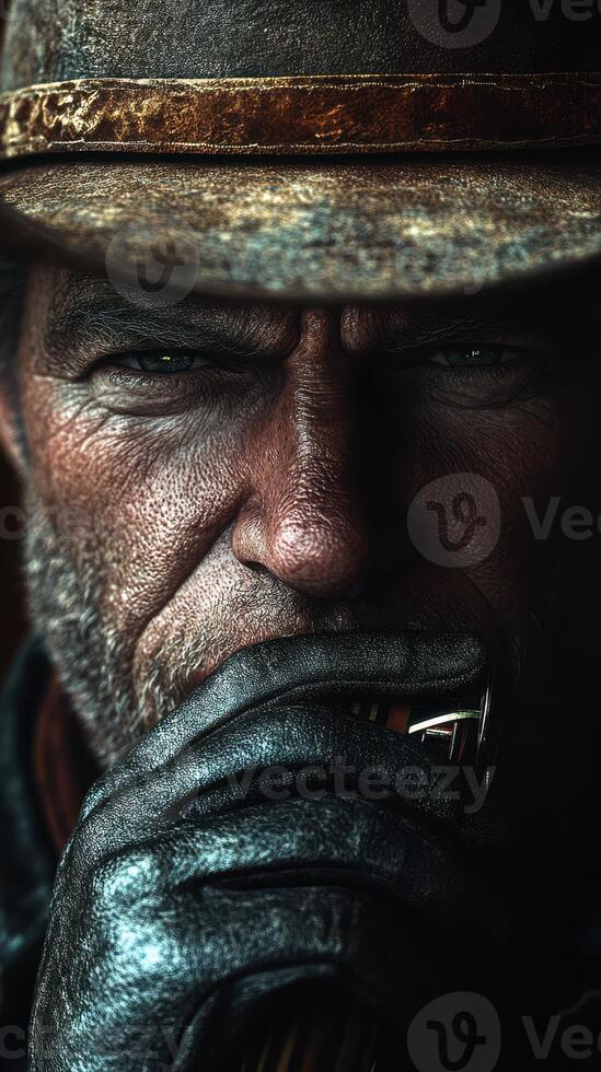 Old cowboy in weathered hat plays harmonica in dimly lit saloon during sunset photo