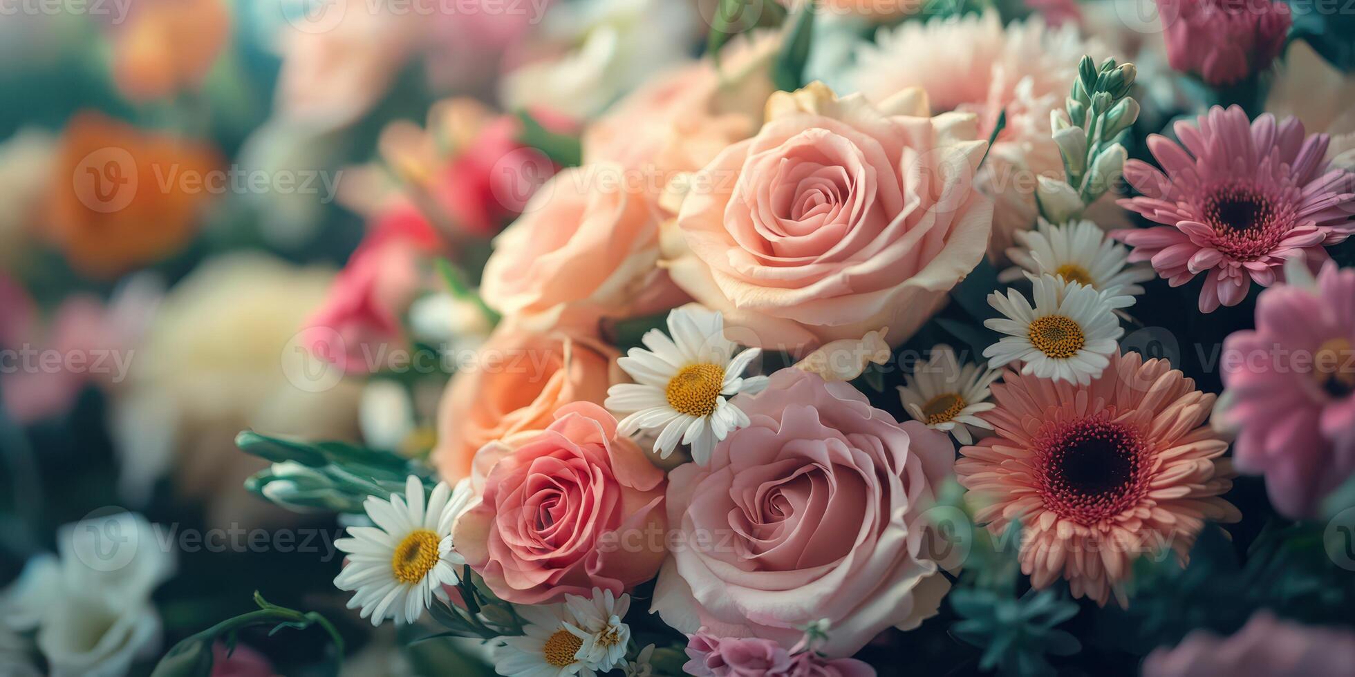 Beautiful bouquet of assorted flowers displayed in soft natural light at a spring garden party photo