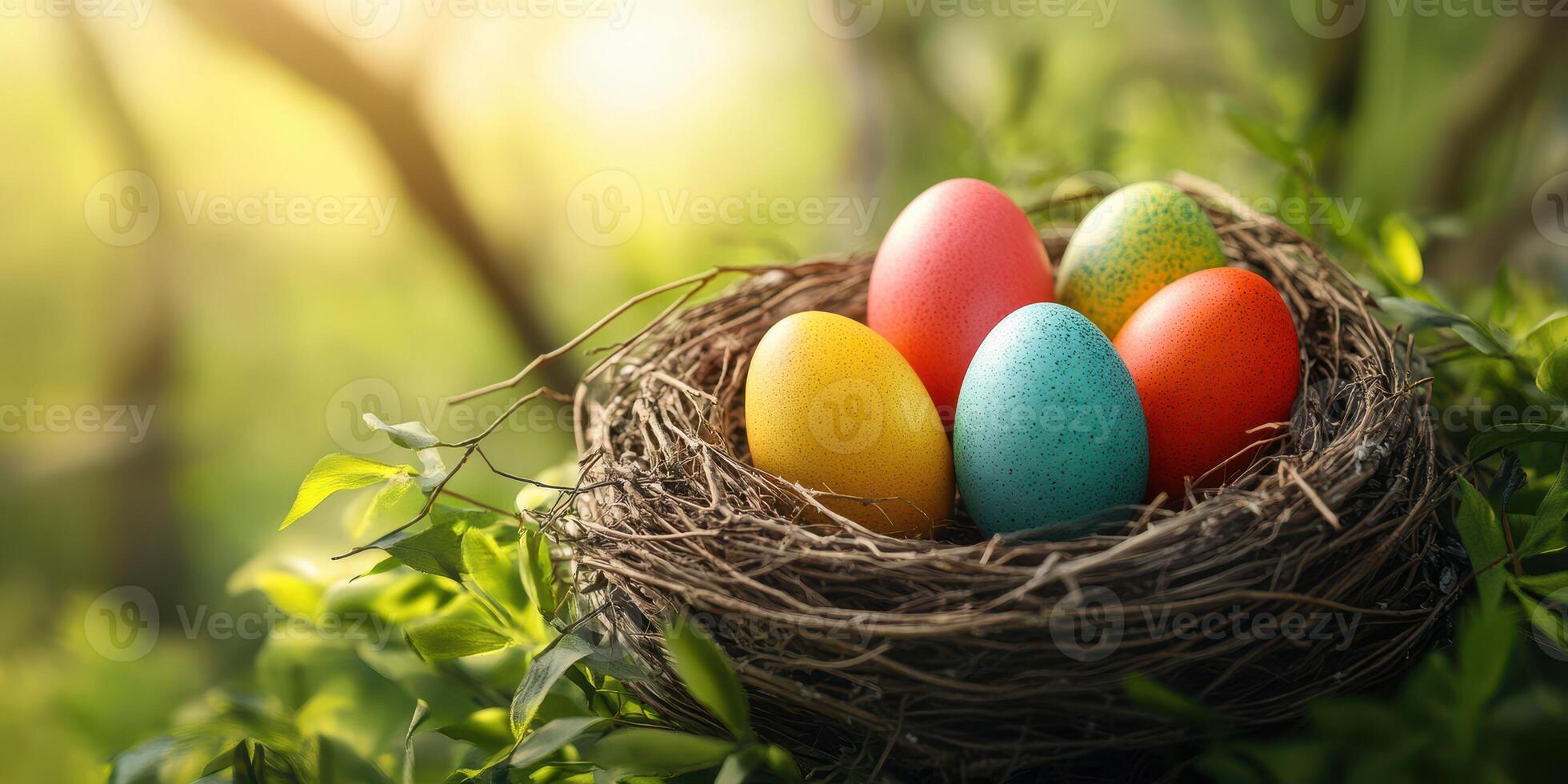 Colorful Easter eggs resting in a natural nest surrounded by green foliage during a sunny spring morning photo