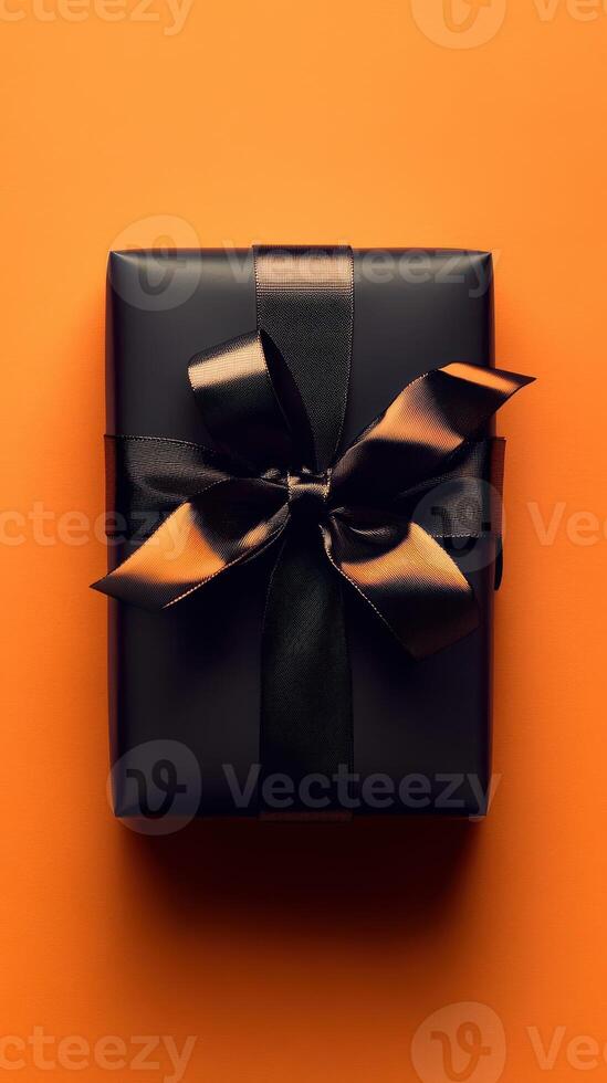 Elegant black gift box with a glossy ribbon on a vibrant orange background ready for a special occasion photo