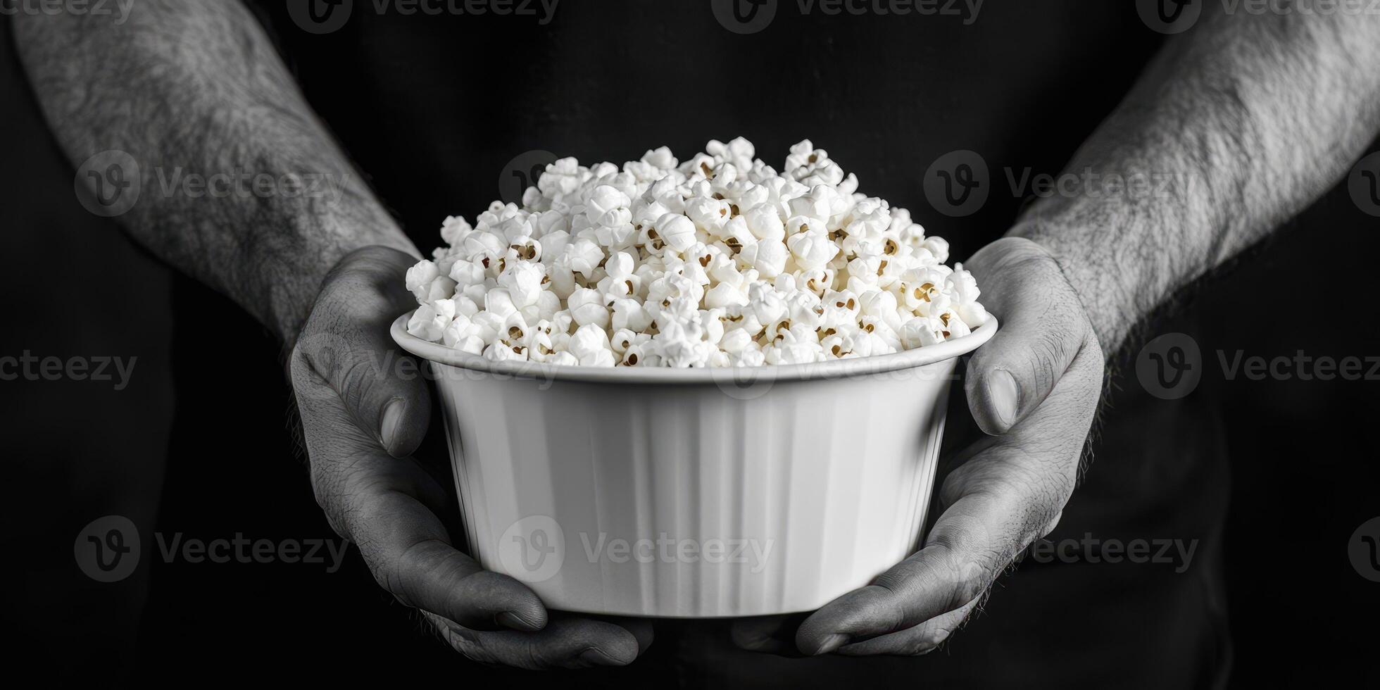 Freshly popped popcorn served in a bowl held with both hands against a dark background photo