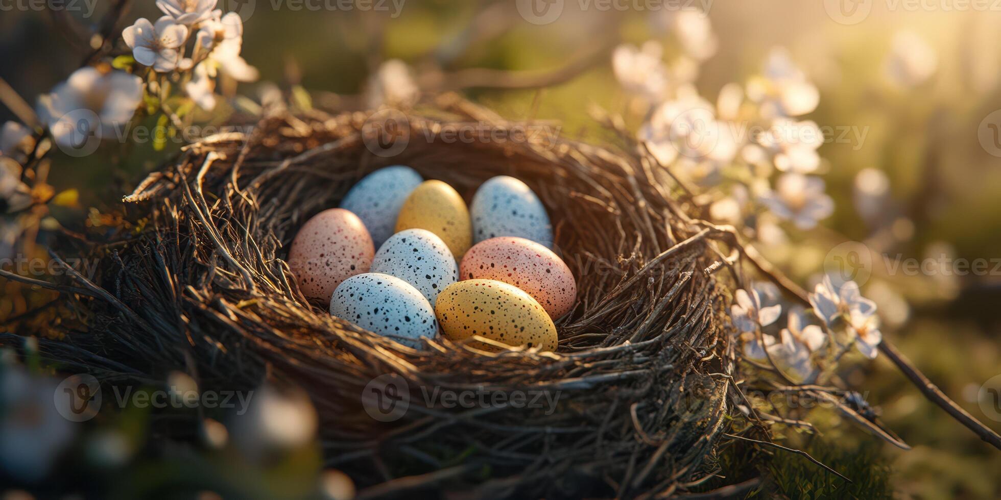 Colorful speckled eggs resting in a nest surrounded by delicate white blossoms in a sunlit spring setting photo