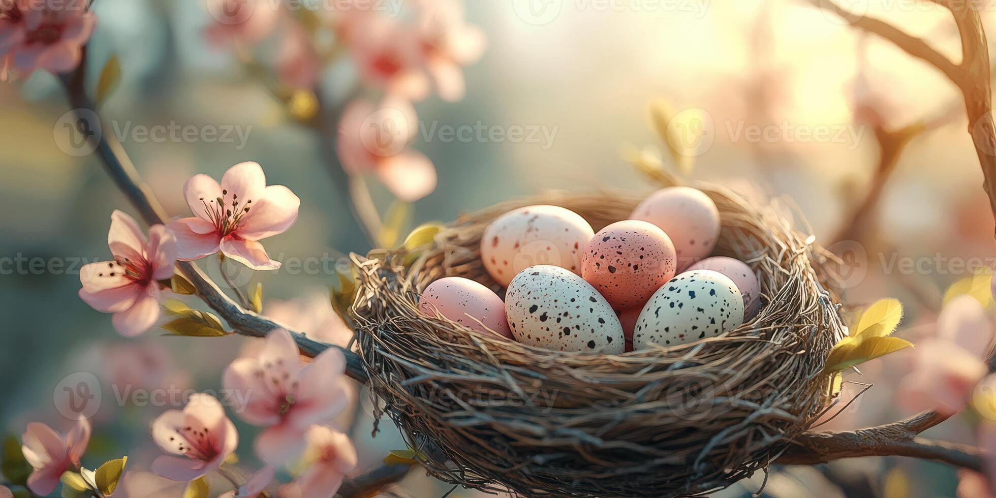 Nest filled with colorful eggs surrounded by blossoming flowers during springtime in a warm afternoon light photo