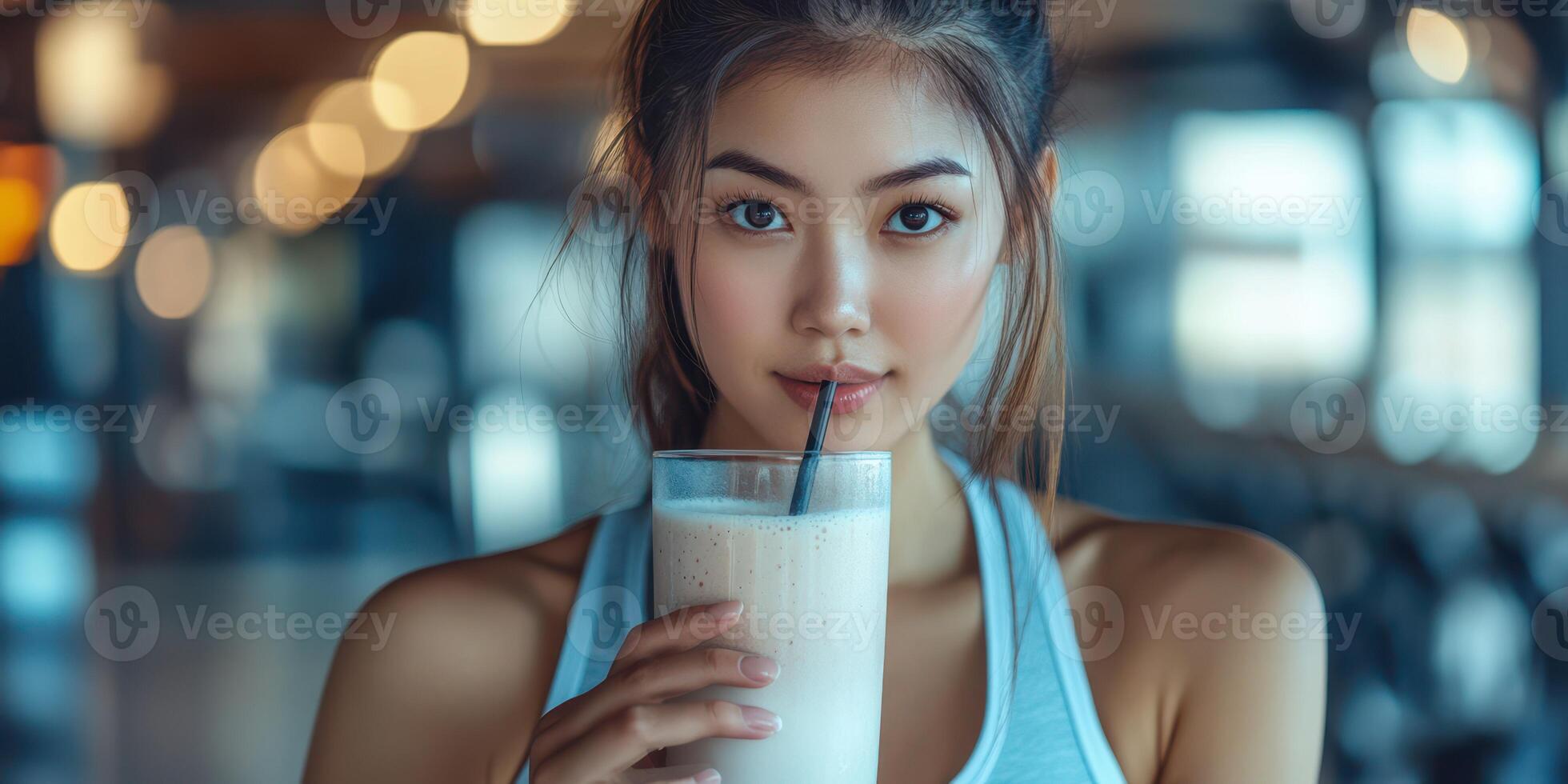 Woman enjoying a smoothie in a bright gym setting during a fitness routine photo