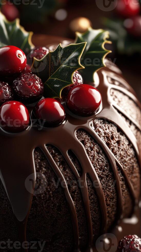 Chocolate dessert adorned with red berries and holly on a festive table setting during winter holidays photo