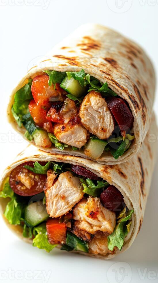 Delicious chicken wrap filled with fresh vegetables and herbs enjoyed during a casual lunch gathering on a sunny afternoon photo