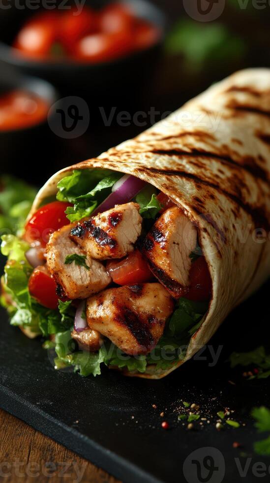 Grilled chicken wrap filled with fresh vegetables and herbs on a dark plate, perfect for a satisfying meal photo