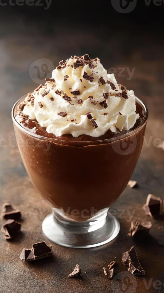 Delicious chocolate mousse topped with whipped cream and chocolate shavings ready to be enjoyed after a meal photo