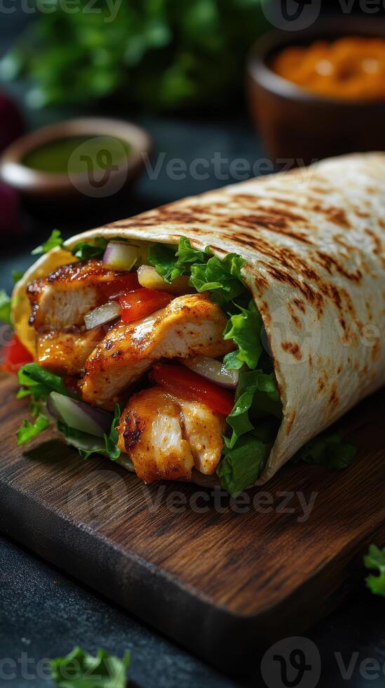 Grilled chicken wrap filled with fresh vegetables on a wooden board in a cozy setting photo