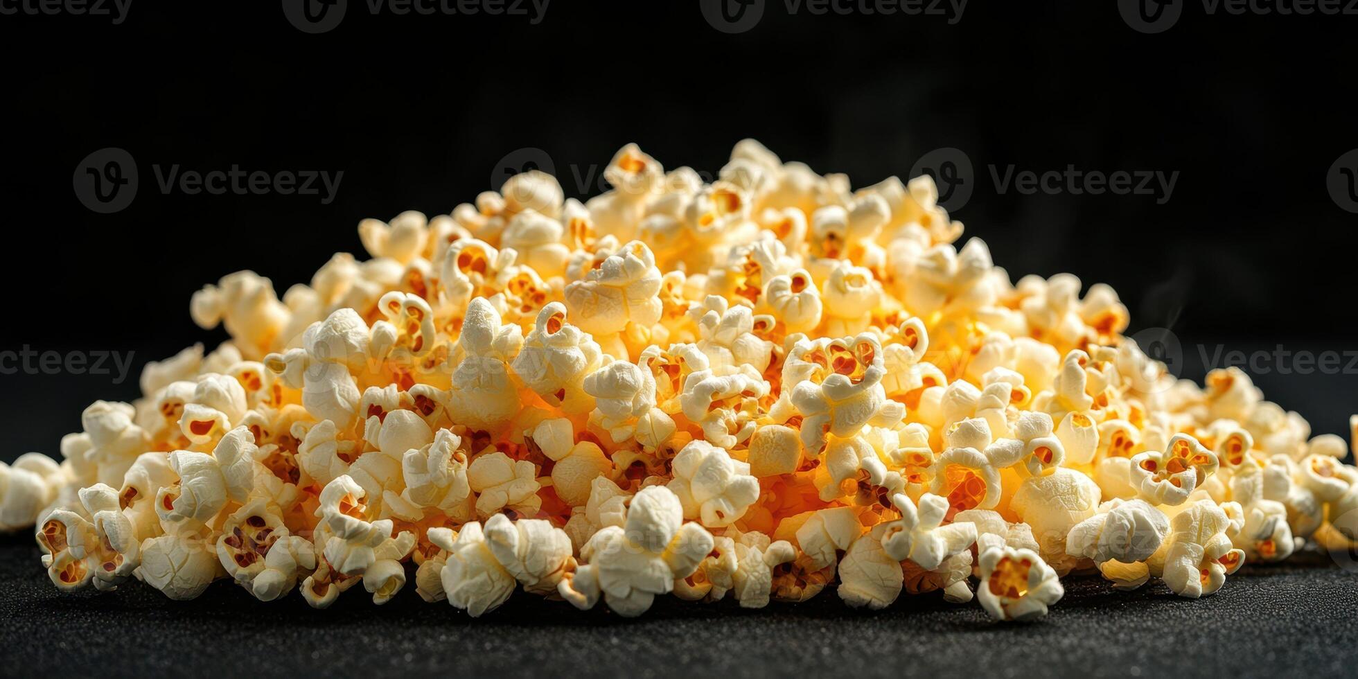 Freshly popped popcorn piled high on a dark background ready for snacking during movie night or gatherings photo