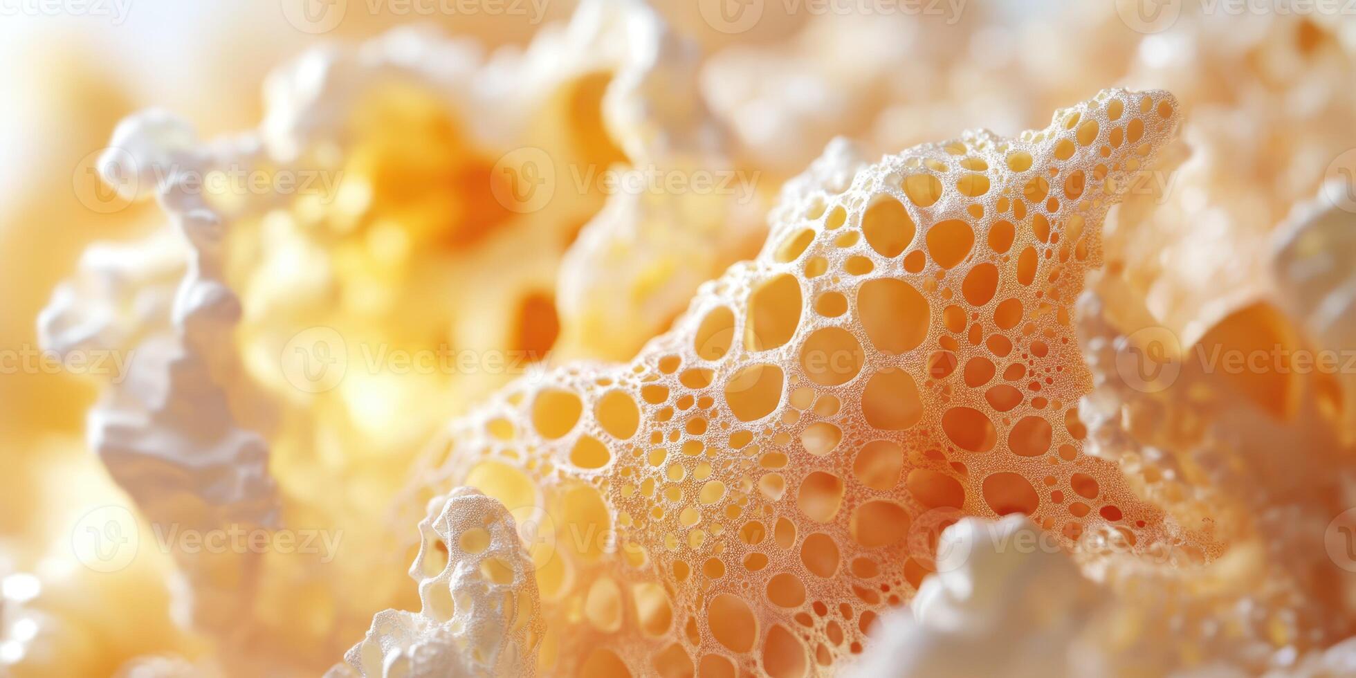 Close-up view of textured foam exhibiting intricate bubbles and patterns in a soft, creamy hue photo