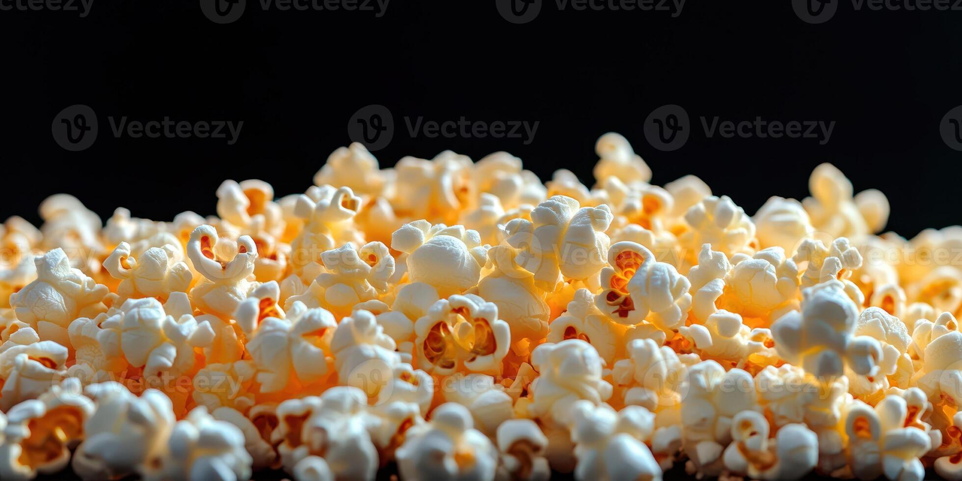 Delicious popped corn scattered against a dark background ready for snacking during a movie night at home photo