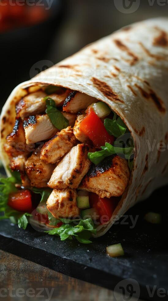 Delicious grilled chicken wrap filled with fresh vegetables and herbs, perfect for a healthy meal on the go photo