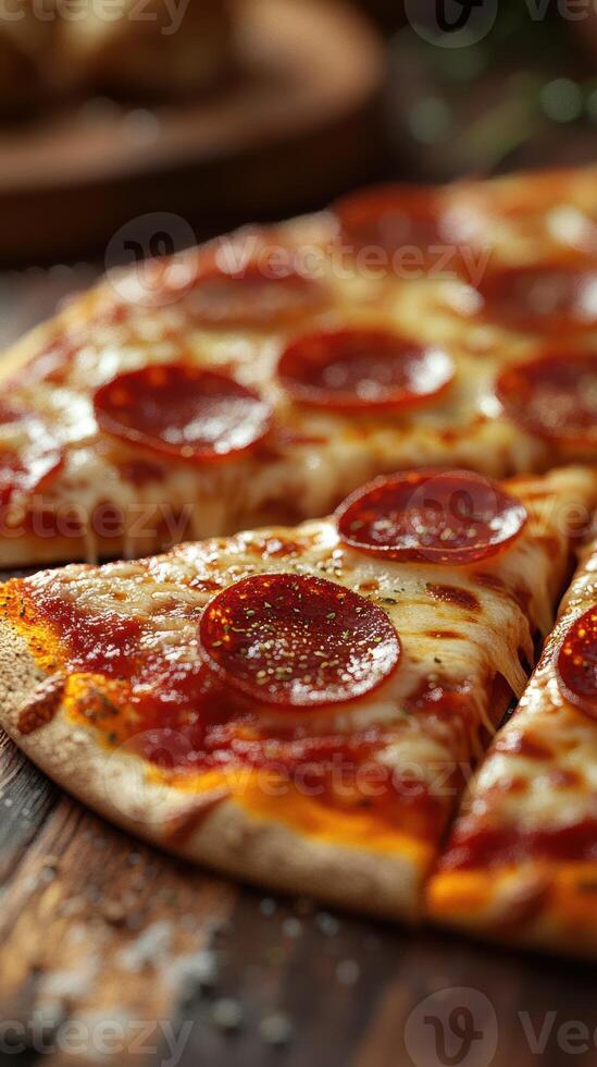 Freshly baked pepperoni pizza served on a rustic wooden table with melted cheese and herbs photo