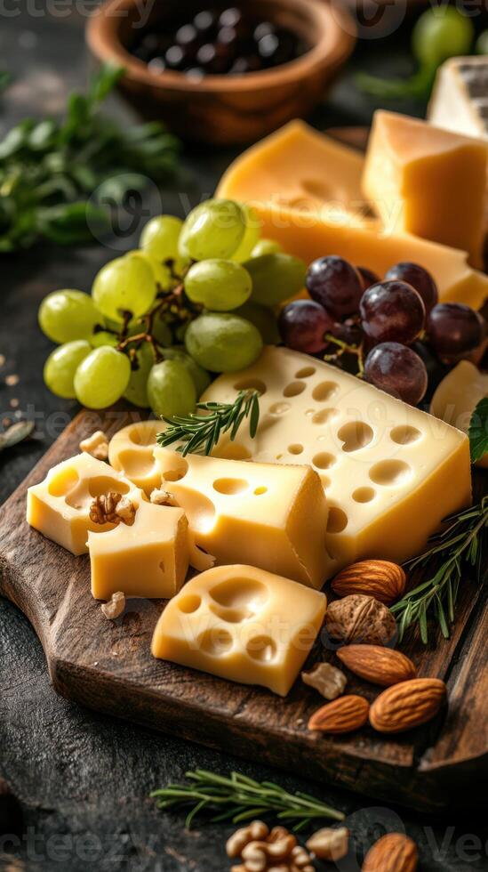Assorted cheeses, grapes, and nuts arranged on a wooden platter for a gourmet snack experience photo