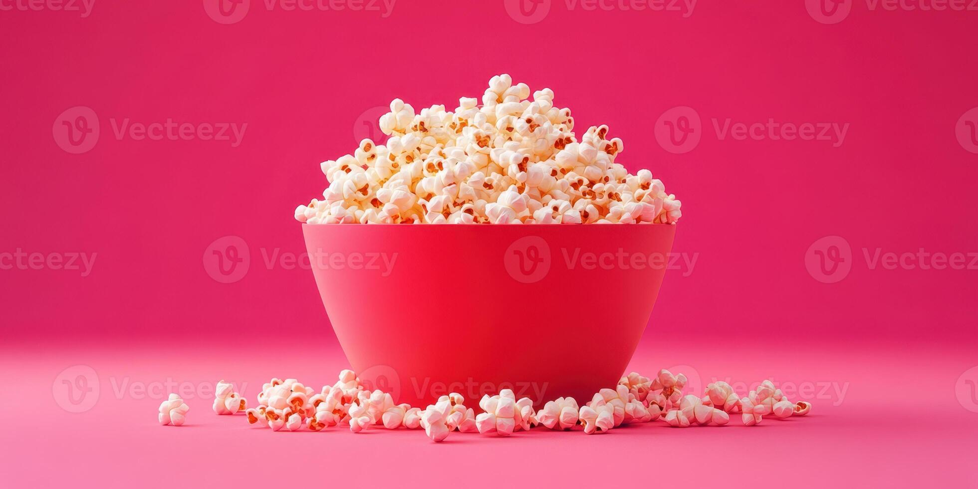 Bright pink bowl overflowing with freshly popped popcorn against a vibrant pink background photo