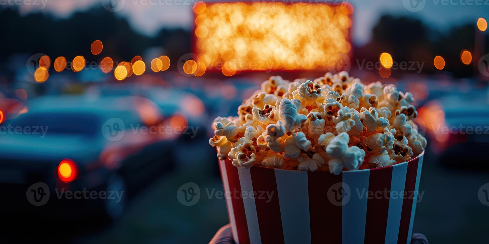 Nighttime outdoor movie experience with popcorn and glowing screen in a lively atmosphere photo