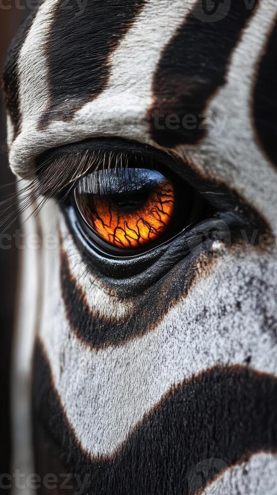 Close-up of a zebra's eye revealing intricate details and vibrant colors in a natural habitat setting photo