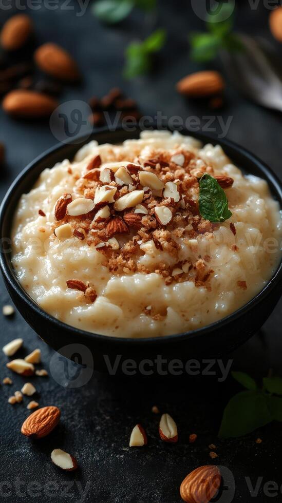 Delicious creamy dessert topped with almonds and mint served in a black bowl on a rustic table photo