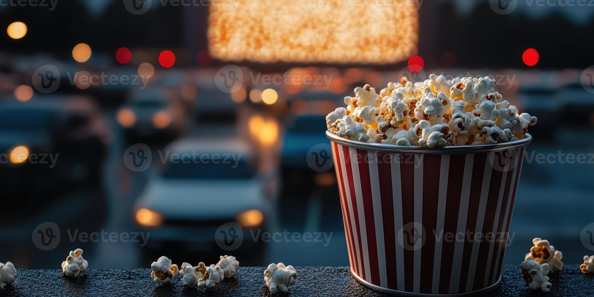 Enjoying popcorn at a drive-in movie theater on a cozy evening under a glowing screen photo