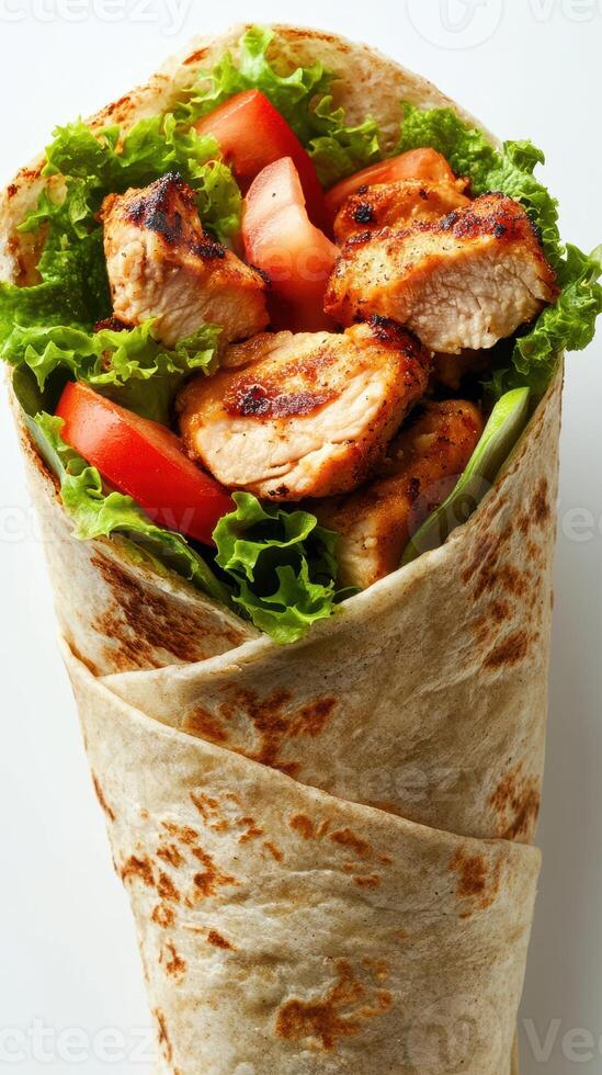 Grilled chicken wrap with fresh vegetables in a soft tortilla for a healthy meal option photo