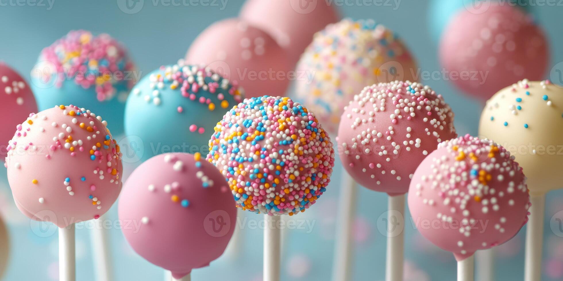 Colorful cake pops with sprinkles on display at a festive dessert table during a celebration photo