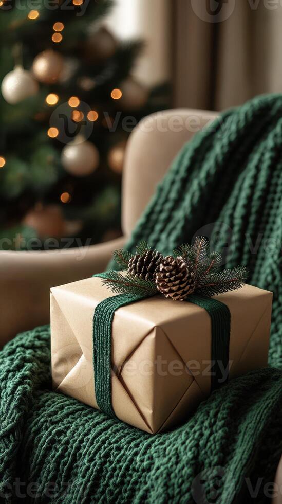Beautifully wrapped gift sits on cozy green blanket near decorated Christmas tree with soft lights in a warm indoor setting photo