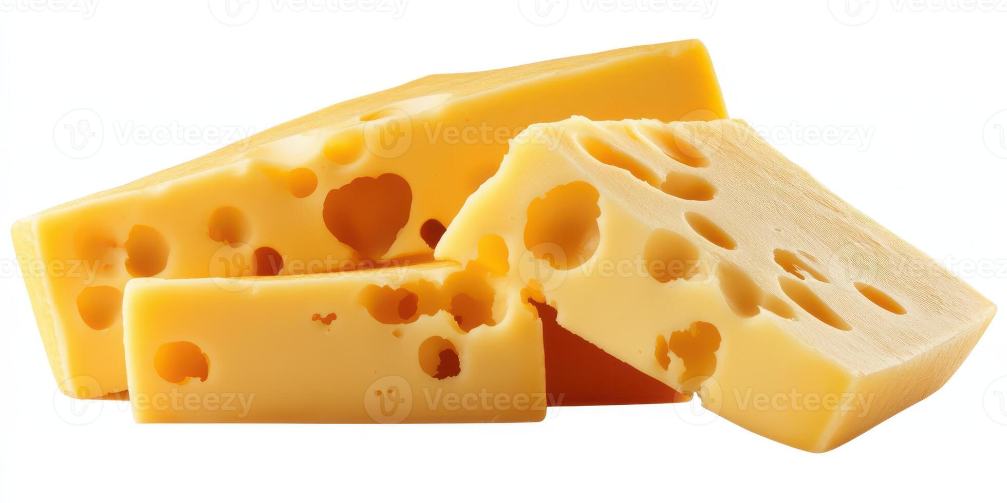 Yellow cheese pieces with holes showing texture and color variations in a consistent arrangement over a white background photo