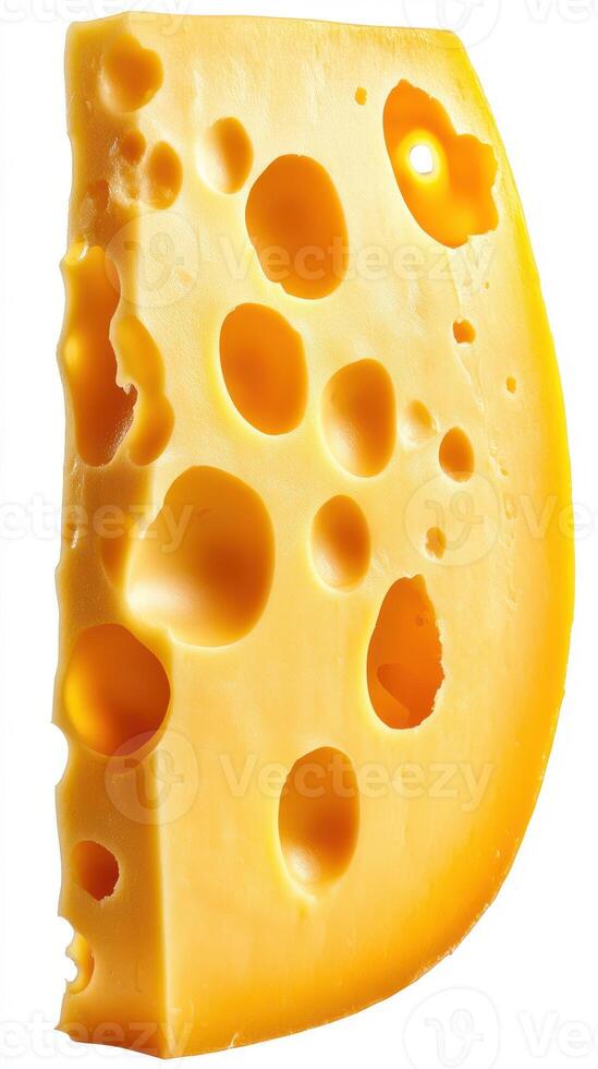 Large piece of yellow cheese with holes set against a plain background in a bright setting photo