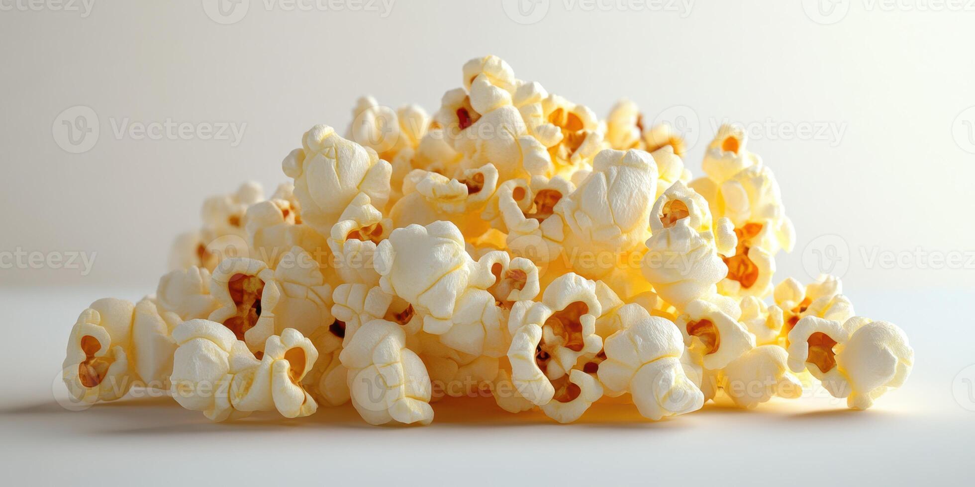Popped corn scattered on a clean surface with warm light illuminating the fluffy texture photo
