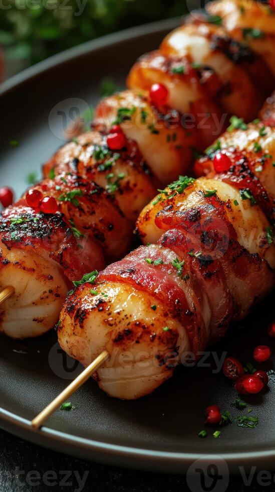 Deliciously grilled shrimp skewers wrapped in crispy bacon with vibrant garnishes and bright red berries photo