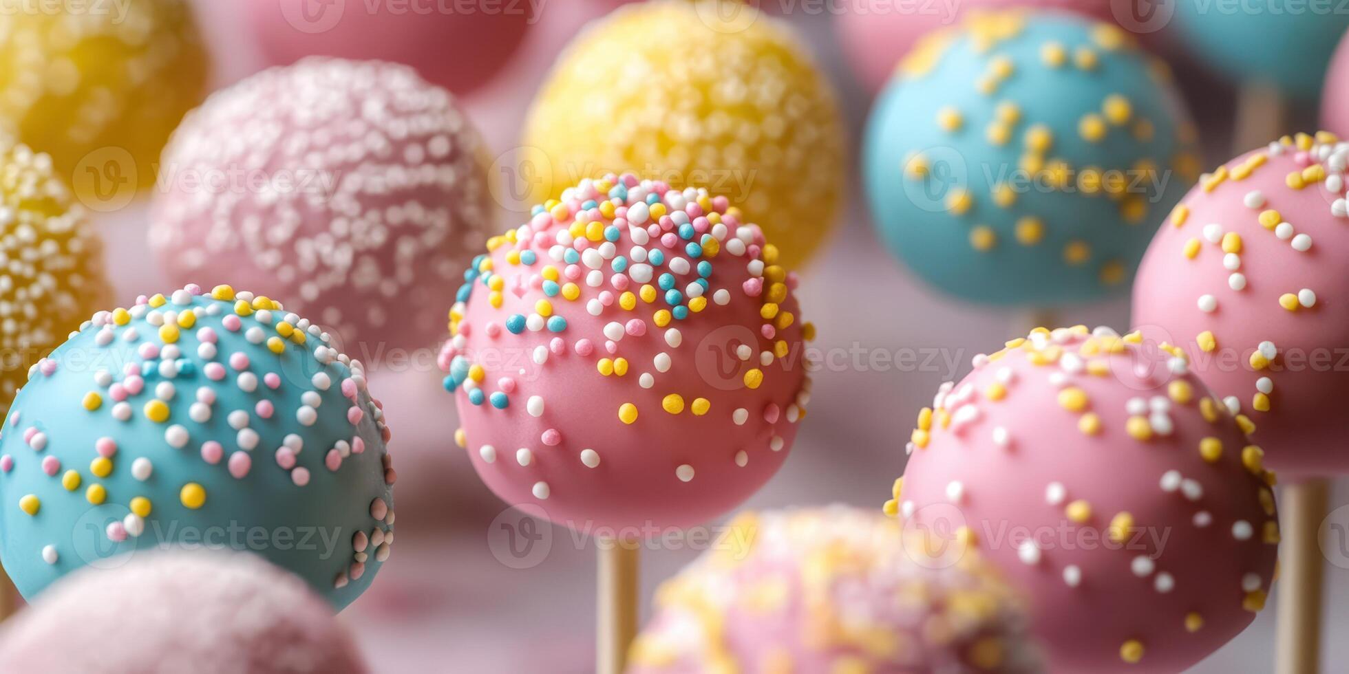 Colorful cake pops decorated with sprinkles on sticks showcased at a festive event photo