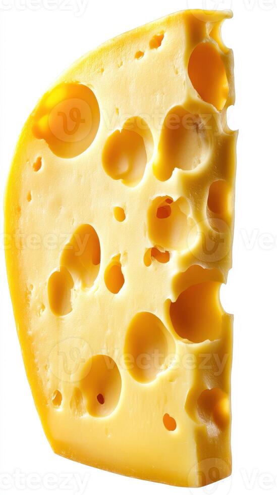 Delicious block of cheese featuring distinct holes and vibrant yellow color set against a white background photo