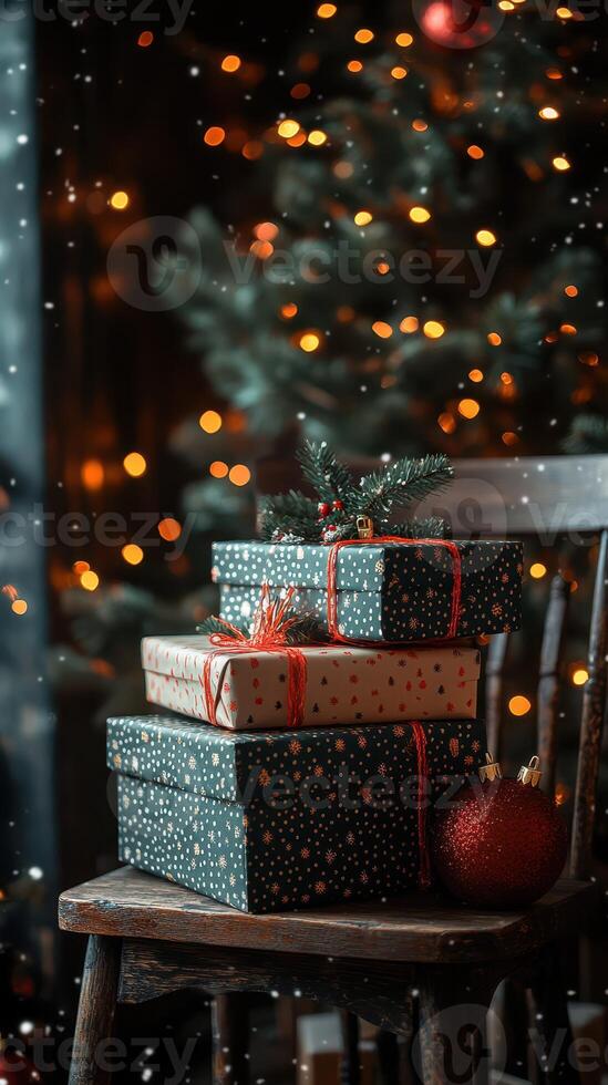 Christmas presents arranged on a rustic chair in a cozy setting with a decorated tree and soft lighting photo
