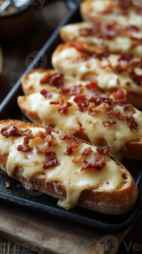 Deliciously toasted bread topped with melted cheese and crispy bacon served on a wooden platter photo