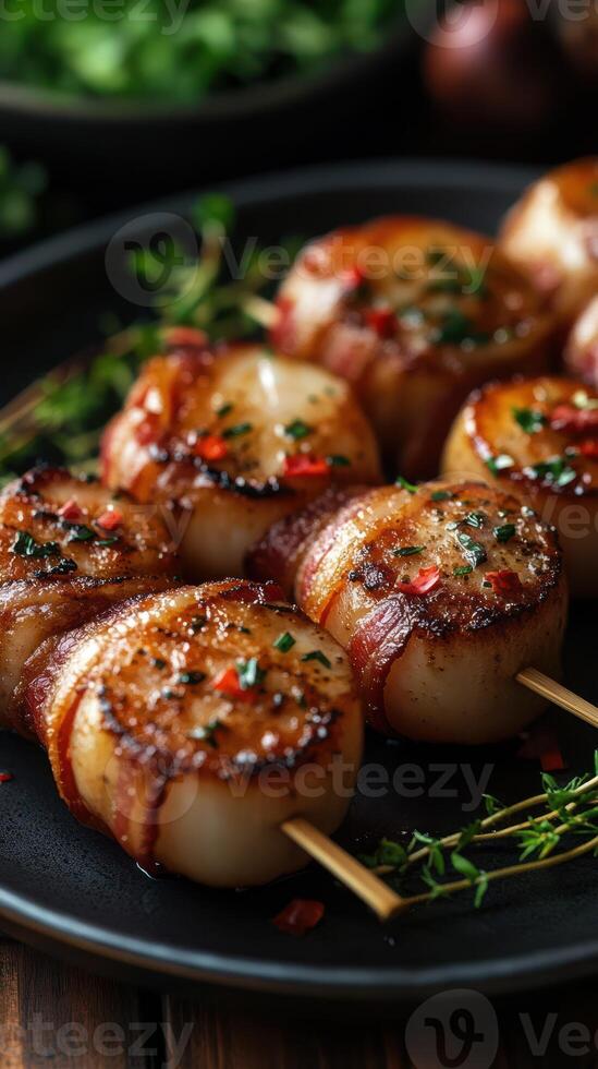 Savory bacon-wrapped scallops arranged neatly on a dark plate with herbs and spices photo