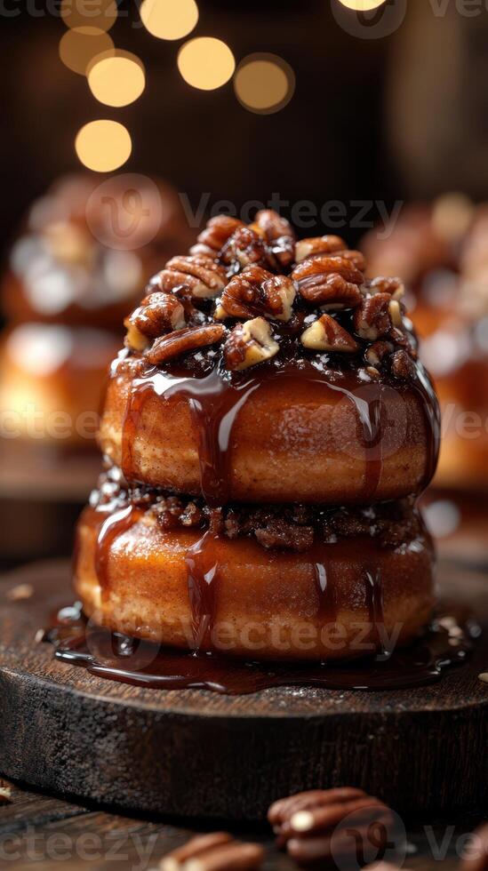 Decadent dessert featuring stacked doughnuts topped with chocolate drizzle and nuts served in a cozy setting photo