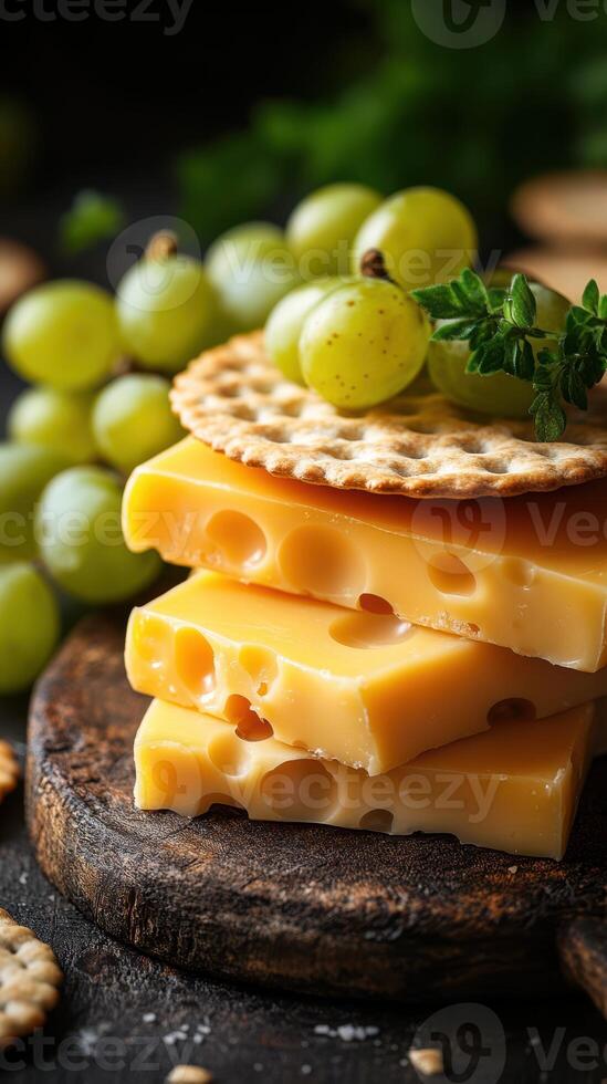 Delicious cheese platter with crackers and fresh grapes ready for a summer picnic photo