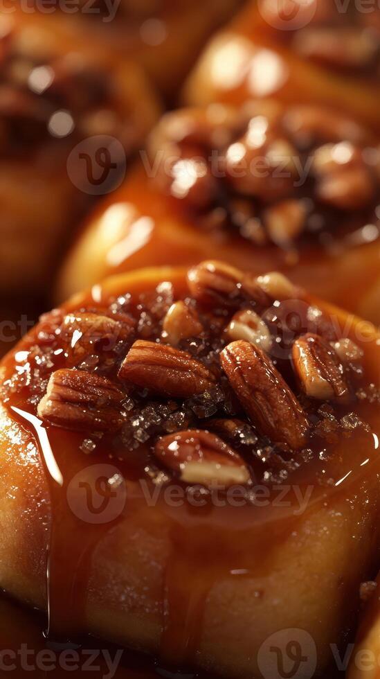 Delicious dessert featuring caramel drizzle and nuts on a soft pastry in a close-up view photo