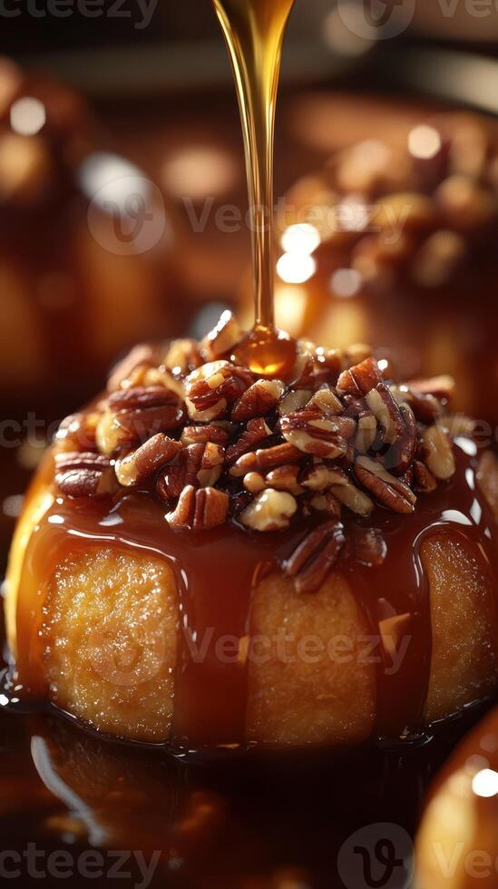 Delicious dessert being drizzled with caramel and topped with crunchy pecans in a cozy kitchen setting photo
